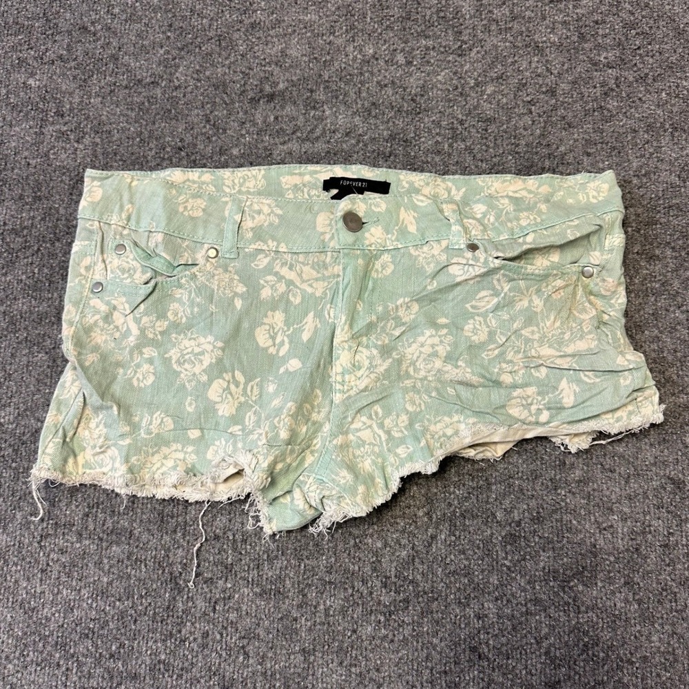 Forever 21 Shorts Womens Size 30 Green Floral Denim Raw Hem Casual Summer Boho